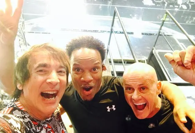 From l. to r., Wally, EWF drummer John Paris, and, Tris Imboden (Photo credit Walfredo Reyes, Jr.)